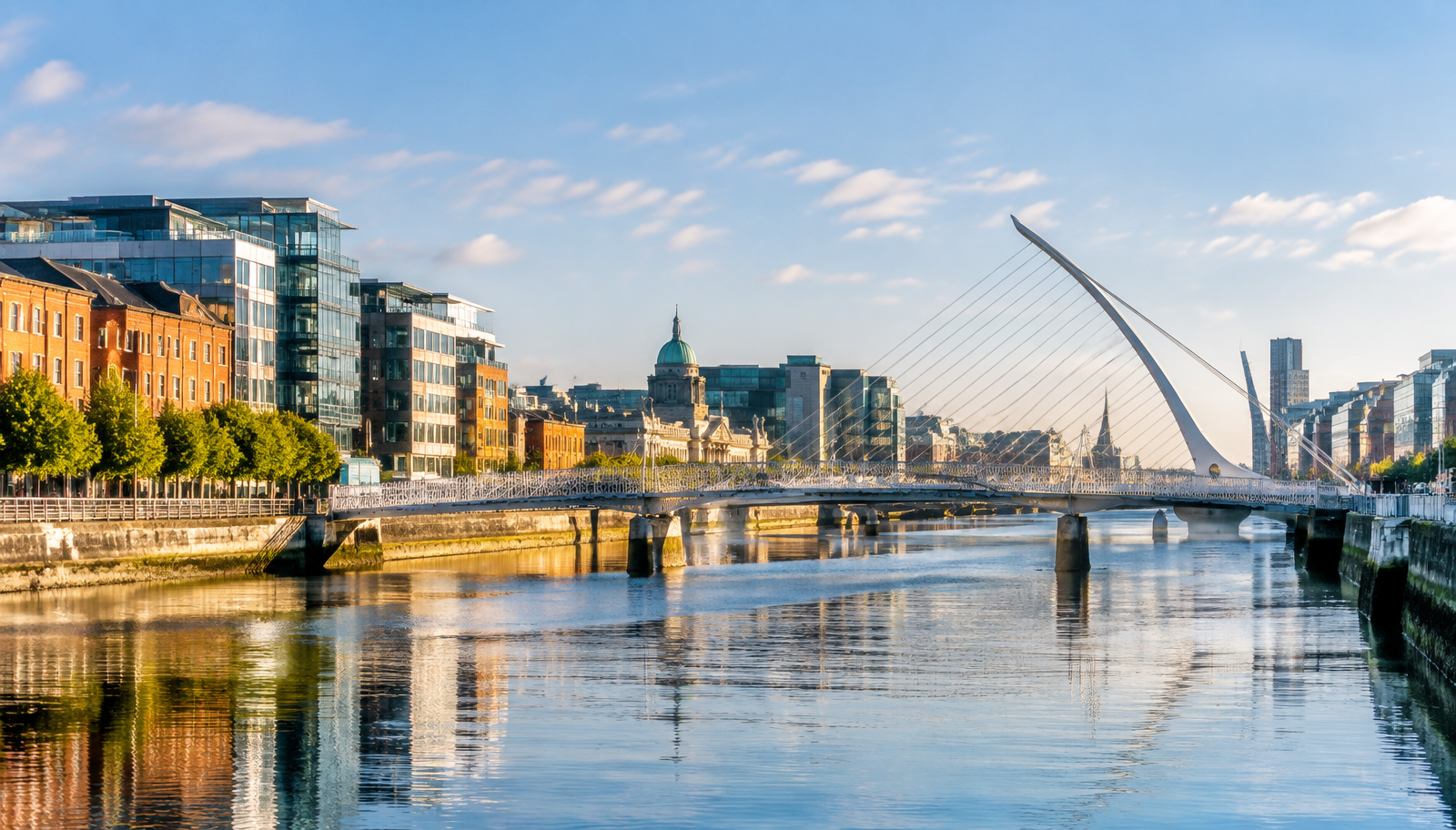 Dublin skyline and the River Liffey under a clear blue sky